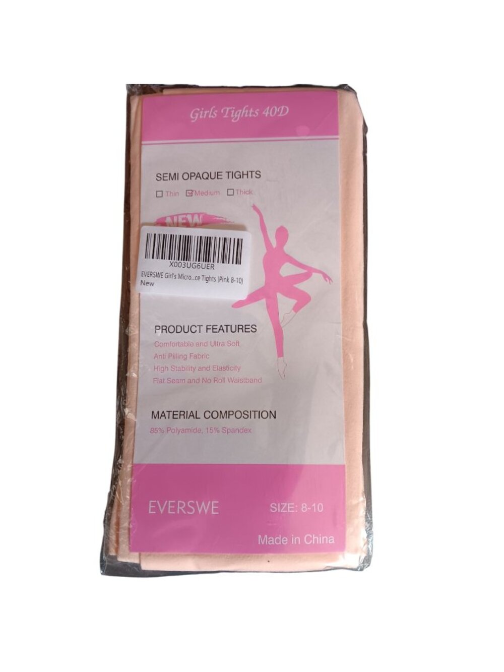 Semi Opaque Pink Tights Size 8-10 Medium NEW EVERSWE Girls Micro-Fiber